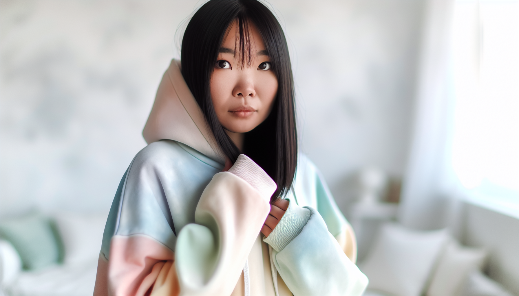 A woman wearing an oversized hoodie with a thoughtful expression