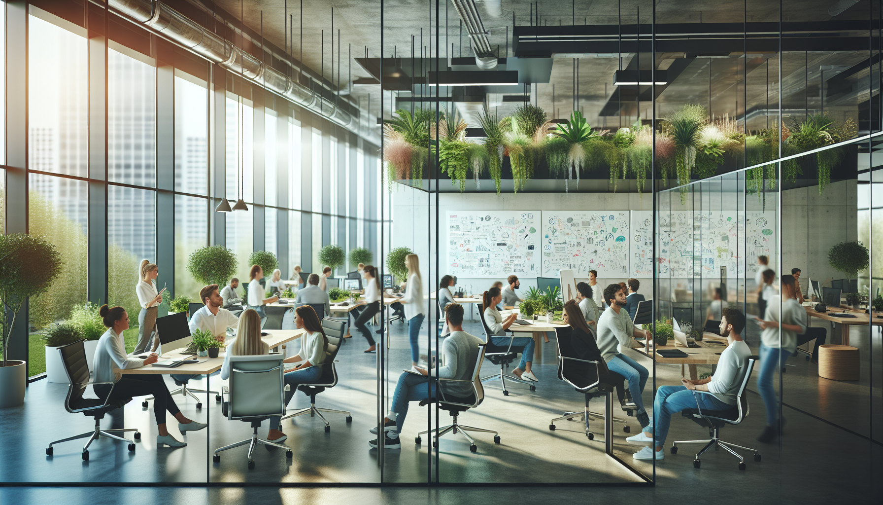 Innovative and creative workplace environment with employees brainstorming