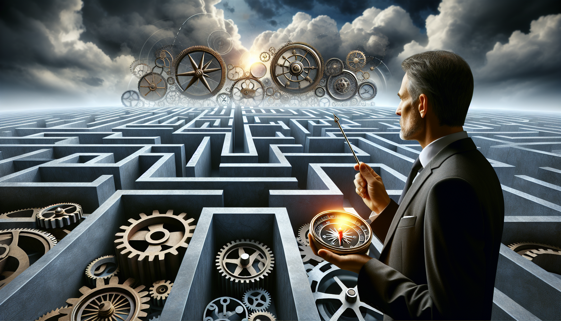 Illustration of a leader navigating through a maze of organizational challenges